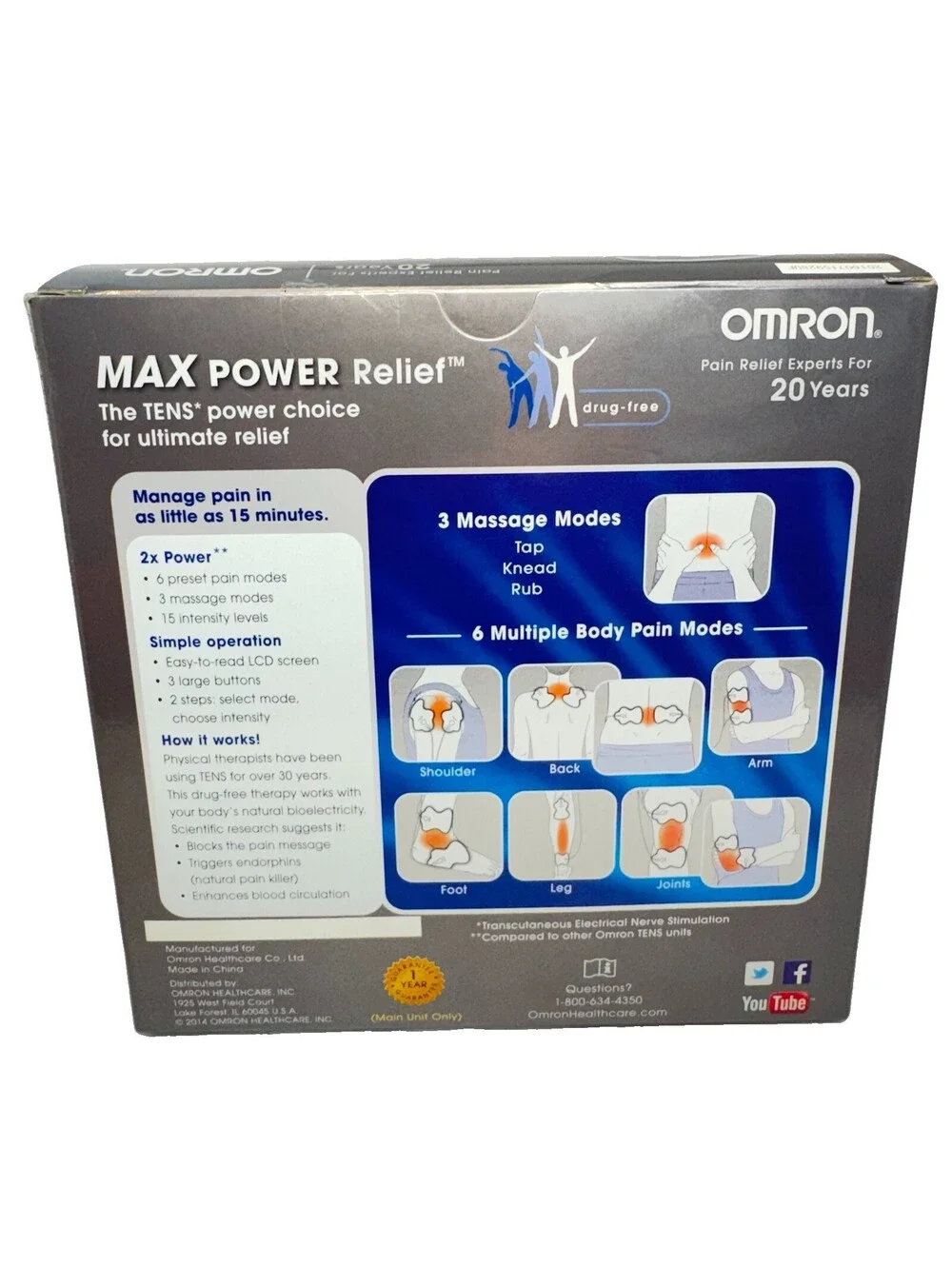 Omron PM3032 Max Power Relief TENS Unit 15 Levels Long Life Pads NEW SEALED